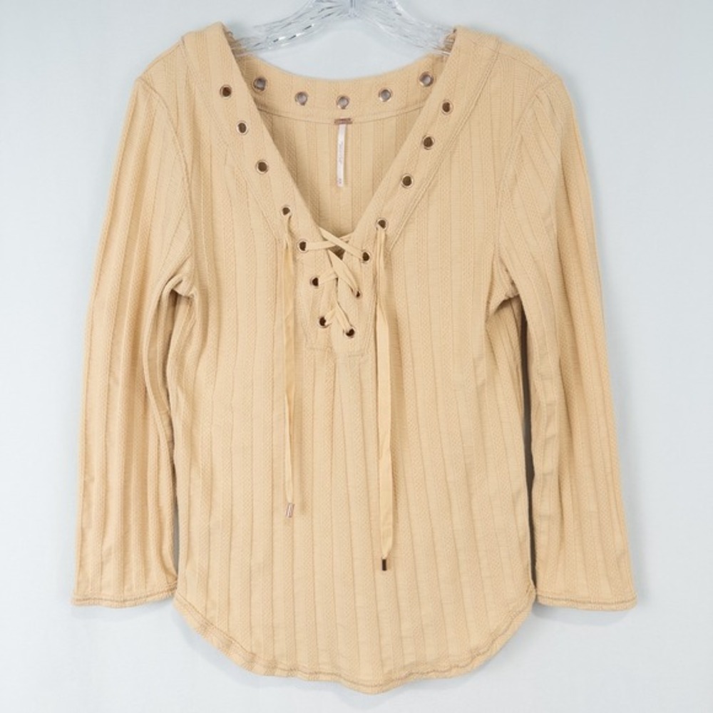 Free People Lace Up V Neck Ribbed Knit Top Sz Medium Yellow 3/4 Sleeve Y2K Boho